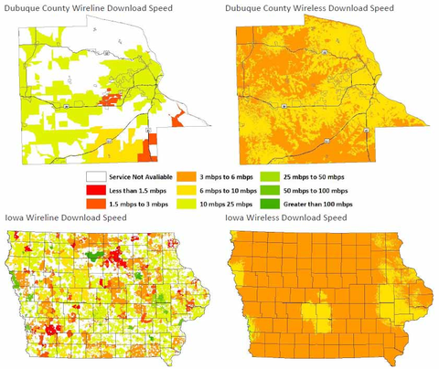 Maps showing download speeds in Dubuque County and Iowa for wireline and wireless services.