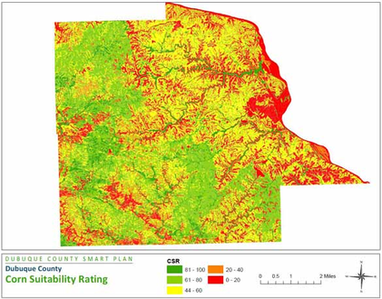 Map showing corn suitability rating in Dubuque County with color-coded areas.