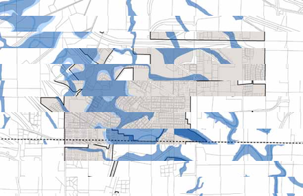 Abstract map with blue and grey overlays and various line patterns.