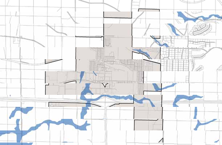 Abstract map with blue rivers and grid patterns.