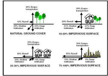 Four illustrations showing different levels of impervious surfaces affecting water flow.