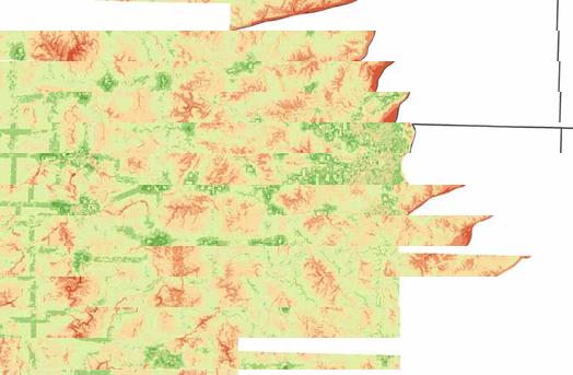 Topographic map with green, yellow, and red regions.