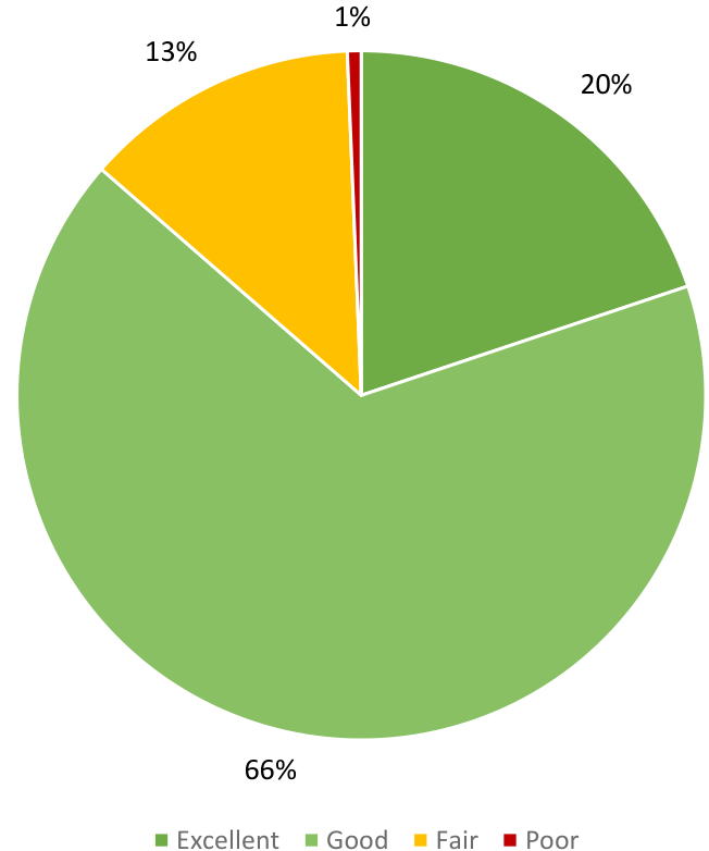 The pie chart illustrates the distribution of performance ratings: 66% is classified as Excellent (green), 20% as Good (light green), 13% as Fair (yellow), and 1% as Poor (red). The chart visually communicates the majority of ratings as Excellent, with a smaller portion for the other categories.