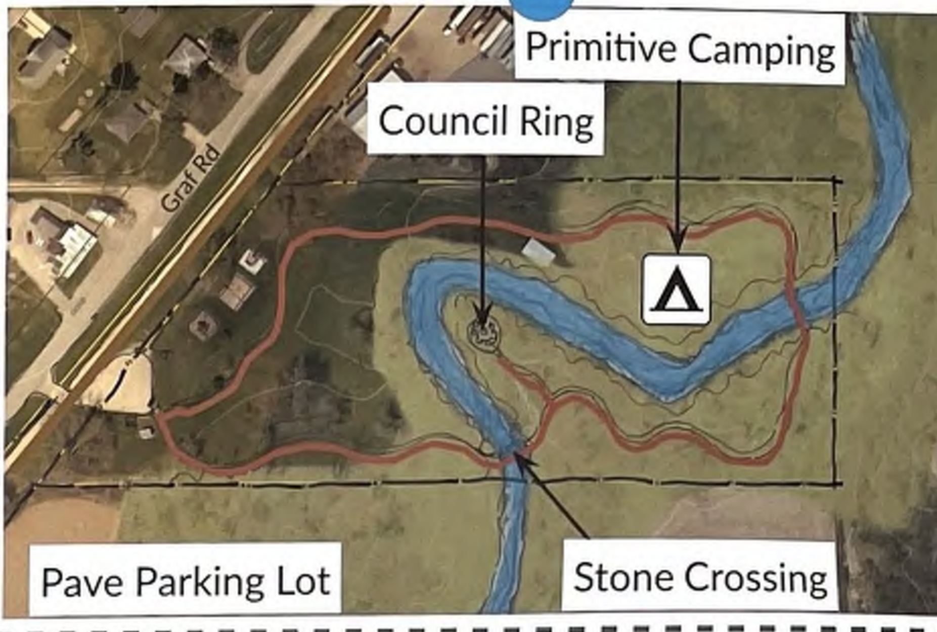 The map provides a layout of a camping area with a river winding through it. It marks specific locations including Primitive Camping, the Council Ring, and Stone Crossing, along with the Pave Parking Lot. The spatial relationships between these areas are illustrated distinctly, helping users navigate the campsite effectively.