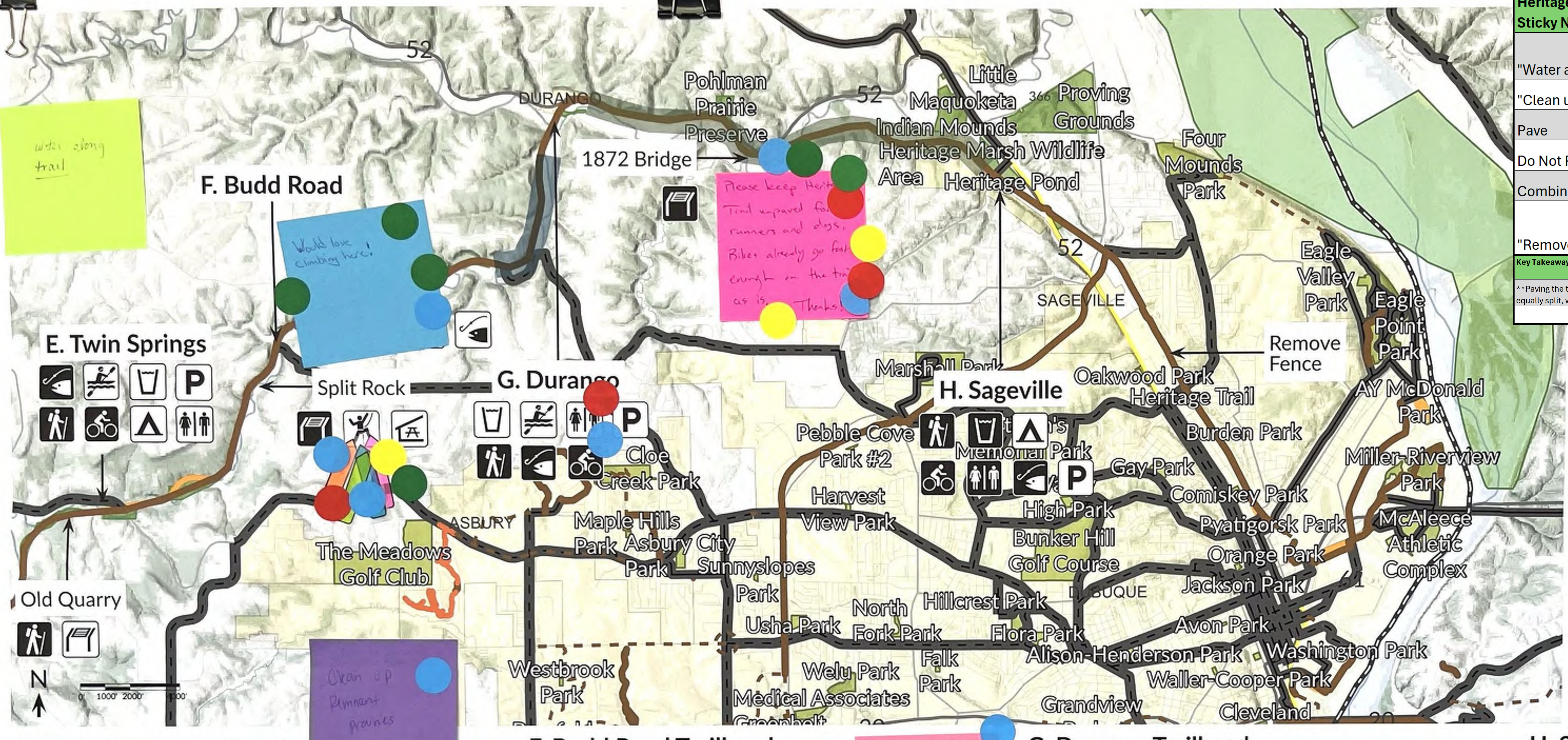 The map illustrates various recreational areas, including parks, trails, and golf courses, marked with colored dots and sticky notes highlighting points of interest. Key routes and landmarks such as E. Twin Springs, F. Budd Road, and the 1872 Bridge are labeled. The legend features icons indicating amenities like parking and trails, providing spatial relationships between these areas.