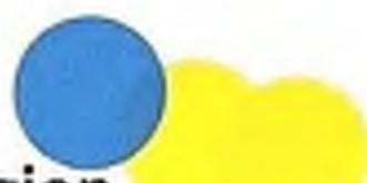 Logo featuring a blue circle and a yellow blob on a white background.