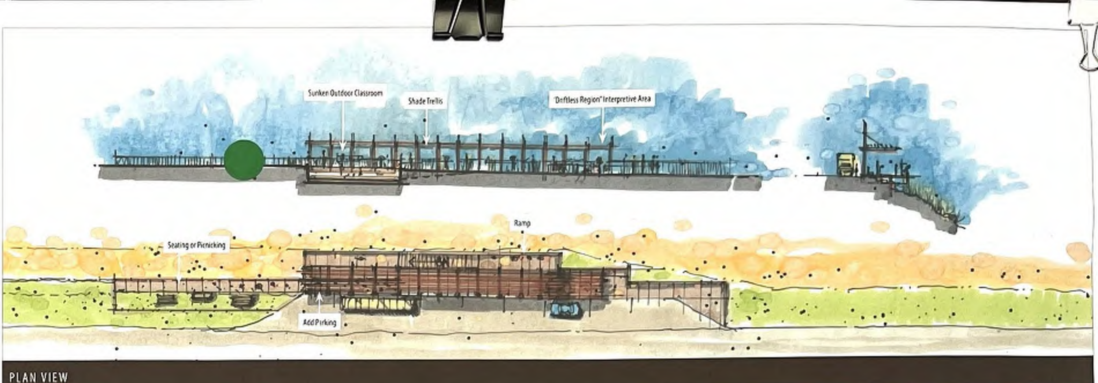 The image presents a plan view of an outdoor area featuring various sections: at the top is a sunken outdoor classroom, next to a shaded turf area, and further down includes the 'Driftless Region' interpretive area. Below, there is a ramp leading to the main facilities with designated seating areas and parking. Spatial relationships and key functions of each area are visually represented.