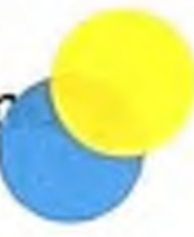 The image features two circles: one blue and one yellow. They overlap partially, forming a green area in the intersection, illustrating color mixing visually.