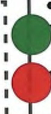 A vertical arrangement of a green and red circular traffic signal indicator.