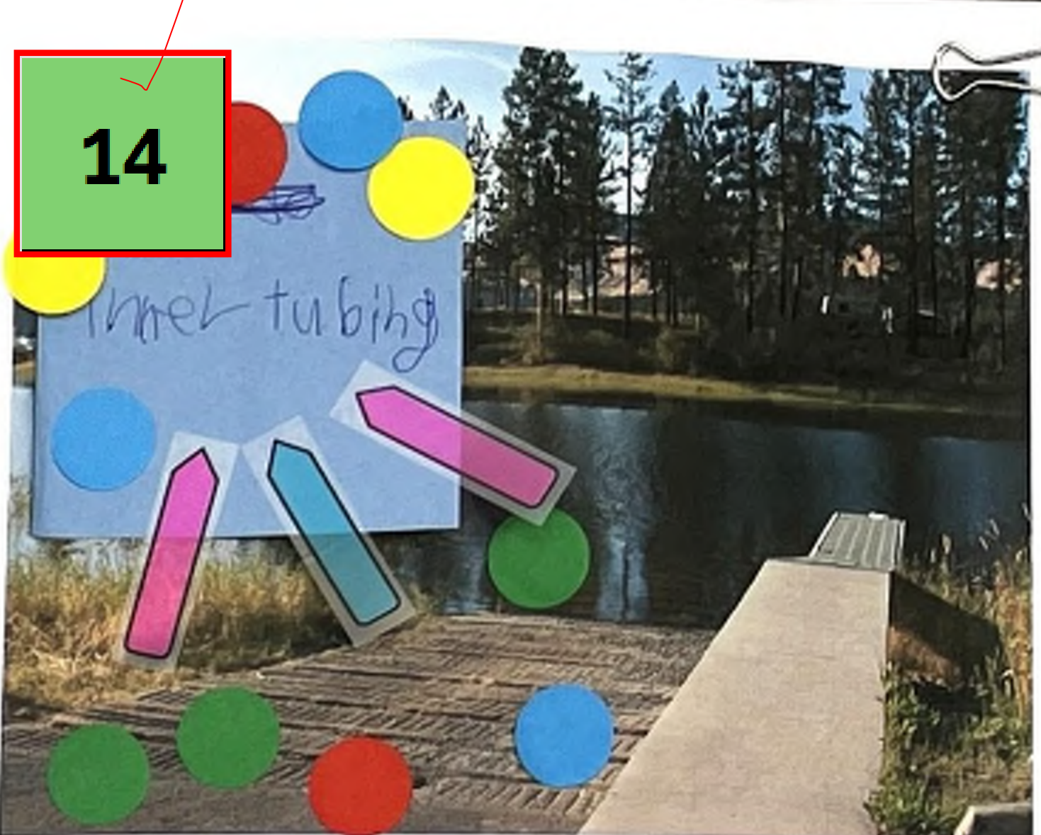 The image features a scenic backdrop of a lake surrounded by trees. In the foreground, a blue paper with handwritten text saying 'Inner tubing' is showcased. Various colorful shapes are placed around it, including circles and arrows in different colors. These shapes are likely intended to highlight features or activities related to the location.