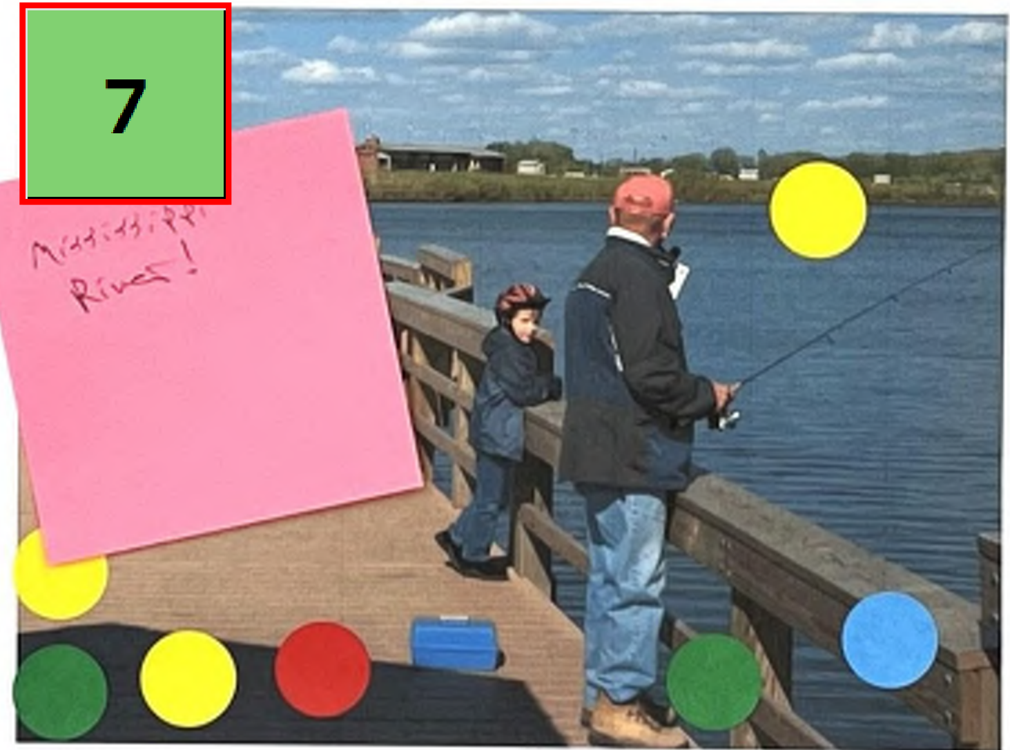 The image depicts a scene of a man standing on a wooden dock near a river, fishing with a rod. A young child is beside him, also engaged in the activity. In the foreground, there are several colored circles and a pink sticky note that has some handwritten text. The background features a cloudy sky and green trees along the riverside.