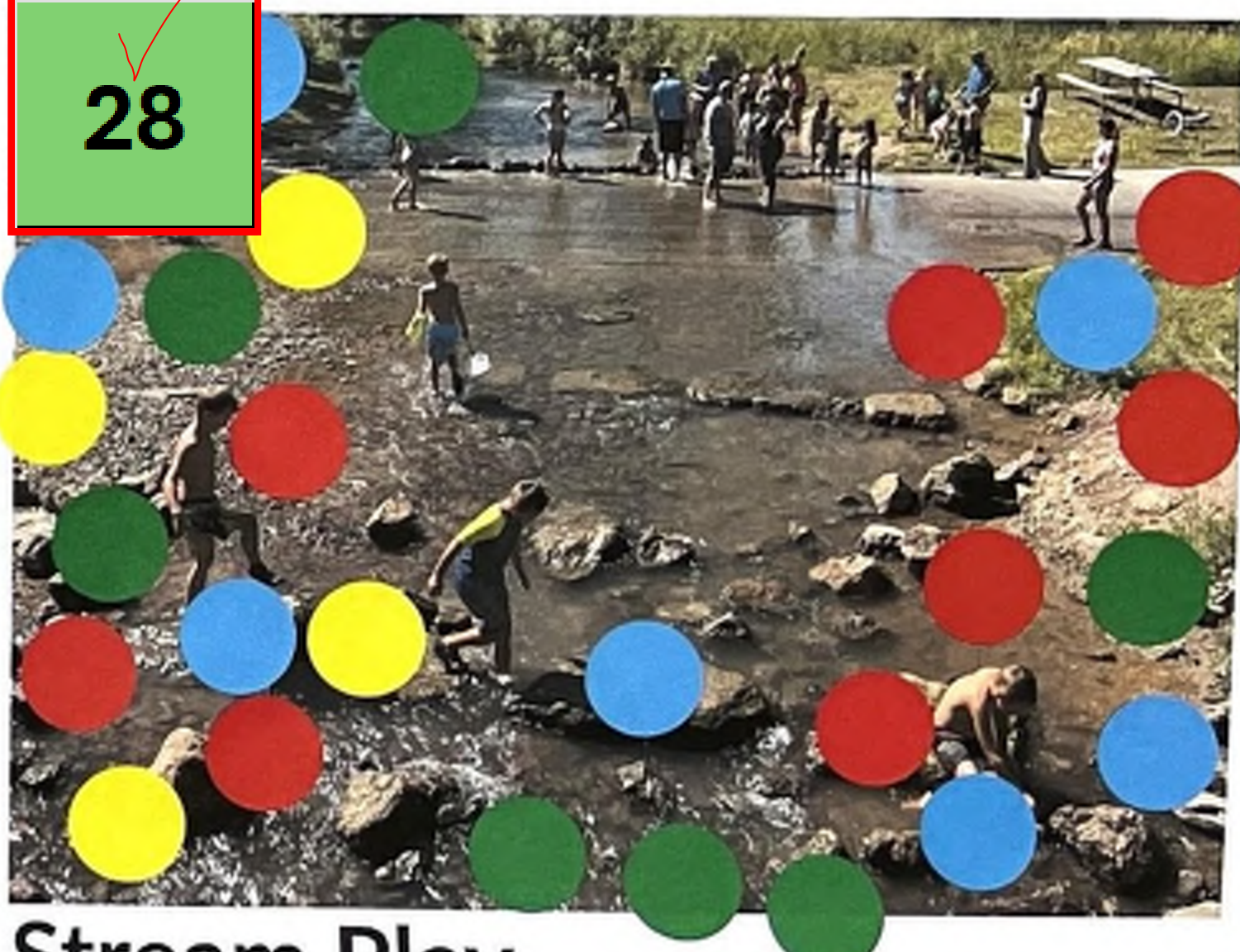 The image depicts a stream with several children engaged in play, including walking through water and exploring the surroundings. There are various colored circles overlaid on the image—red, blue, green, and yellow—that may represent areas for different activities or markers related to play zones. The circles are positioned around the children and rocks in the stream, enhancing the visual experience without detracting from the scene.