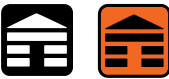 Two icons representing a building; one in black and white, the other in orange and white.
