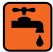 Icon depicting a faucet with a single drop of water falling from it, set against an orange background.