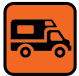 Icon of a truck with a camper, depicted in black on an orange background.