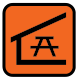 Icon representing a covered picnic area, shown in an orange square with a roof structure and bench symbol.