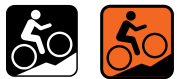 Two icons representing biking activities, one in black and white, the other in orange.