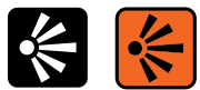 The image features two icons side by side. On the left, there is a black icon with a white circular center displaying triangular rays radiating outward. On the right, an orange icon mirrors the design, with a solid black circular center and the same triangular rays extending from it. This dual representation suggests a thematic or functional variation, likely for distinction in usage or meaning.
