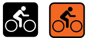 Two icon illustrations of a cyclist; one in black and white and another in orange.