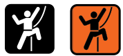 The image features two climbing icons: the left icon shows a stylized climber ascending against a black background, while the right icon displays the same climber in an orange color against a contrasting background. Both icons represent the activity of rock climbing and are likely used for signage or guidelines related to climbing.
