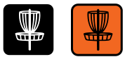 Two disc golf basket icons, one in black and white, the other in orange.