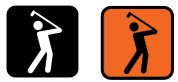 The image features two distinct golf icons side by side. On the left, a white figure is depicted in a swinging pose on a black background, representing a traditional golf icon. On the right, a colored figure in an orange box is also shown in a swinging posture, providing a more modern or alternative design. Both icons represent the action of playing golf.
