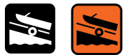 Two icons depicting a boat on a ramp, one in black and white and one in orange.