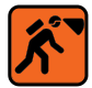 An orange safety sign depicting a person carrying a spotlight.