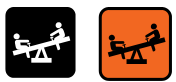Two icons depicting a seesaw with children playing, one in black and one in orange.