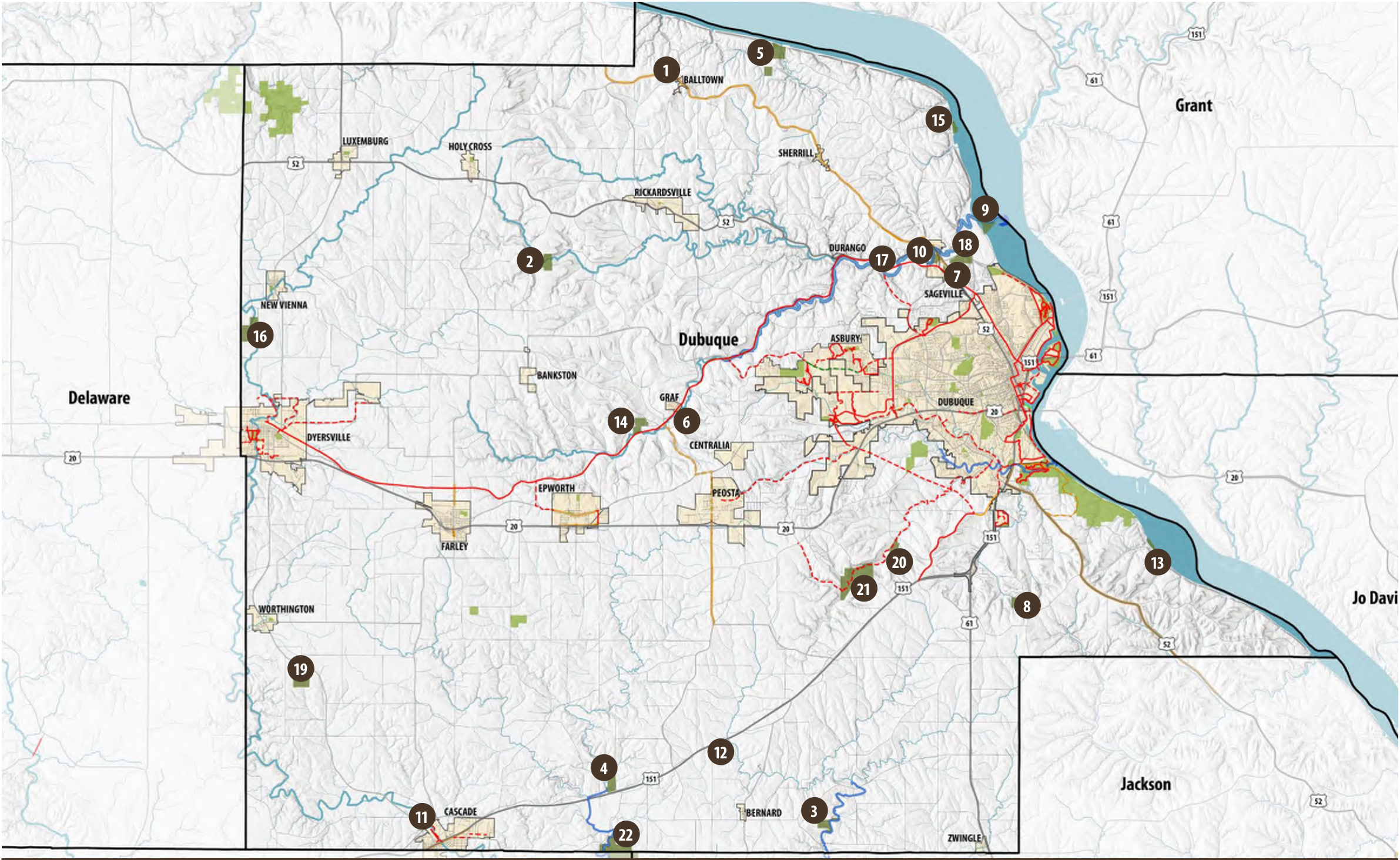 The map illustrates the geographic layout of Dubuque, including major roads, landmarks, and suburbs. Labeled numbers correspond to specific locations throughout the area, connecting routes with important sites like towns and parks. The spatial relationships among the roads and locations are clearly delineated, making it easy to navigate the region.