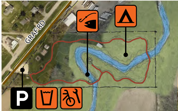 The map displays a park's geographical layout featuring a winding river, outlined pathways, and designated areas for parking and fishing. Key amenities are illustrated with icons, including a fishing area, a tent symbol for camping, and a bicycle symbol. The roads and surrounding features are labeled clearly, aiding navigation and understanding of the park's offerings.