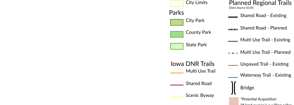 The legend illustrates the symbols and colors representing various parks, trails, and road types in the area. It includes details like city limits, existing and planned roads and trails, and their classifications (e.g., Multi Use Trail - Existing, Shared Road - Planned). This information helps users understand the layout and regional planning context of the map.