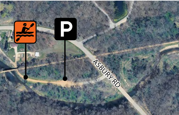The map depicts an aerial view of an area along Asbury Road, marking two notable points: a kayaking launch area symbolized by an orange icon with a paddler and a parking area indicated by a black 'P' symbol. The map provides context to their spatial relationship within the surrounding wooded land and paths leading to them.