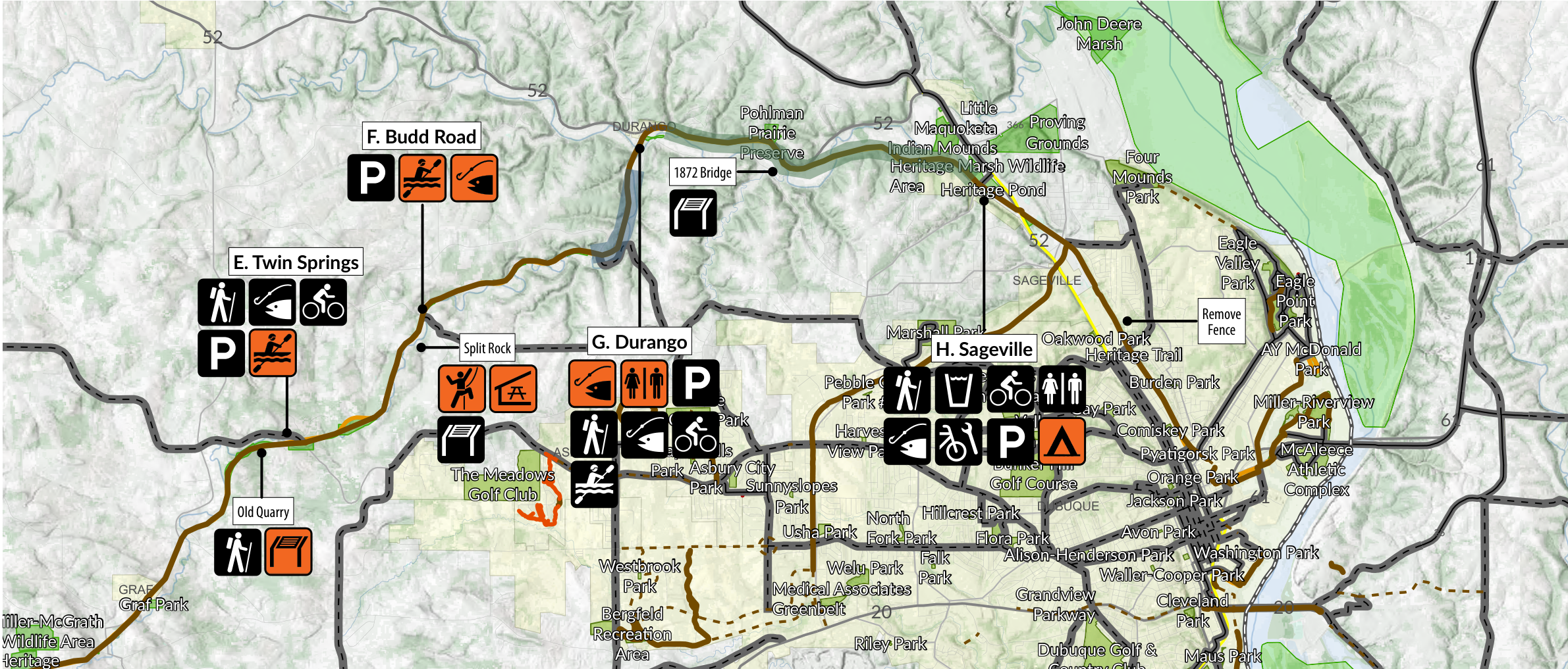 The map highlights various parks, trails, and roads in the area. It includes labeled icons for rest areas, parking locations, and recreational facilities. Important landmarks include F. Budd Road, E. Twin Springs, G. Durango, and H. Sageville. The spatial relationships among these locations are indicated through distinct pathways and road layouts, supporting navigation and exploration of outdoor attractions.