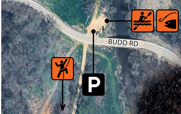 The map provides an aerial view of the area near Budd Road, marking the road, a parking area denoted by a 'P', and symbols indicating activities such as climbing, kayaking, and fishing. These landmarks and icons help users understand the layout and recreational options available.