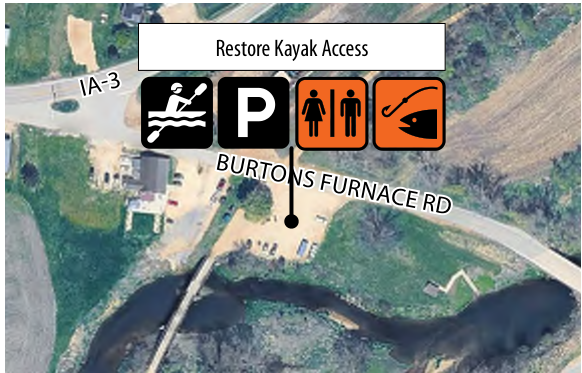 The map displays a kayak access point with key features such as parking, restrooms, and fishing. It is located along Burton's Furnace Road, which is marked, and IA-3 is also indicated nearby. Icons represent kayaking, parking availability, restroom locations, and fishing, providing essential information for visitors.
