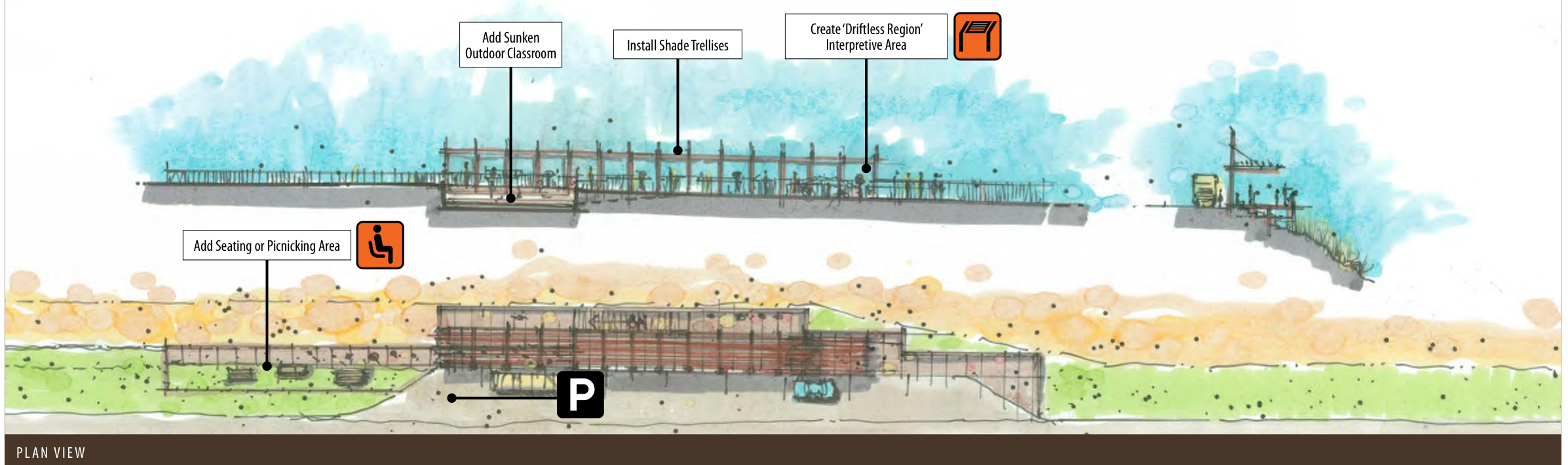 The diagram presents a detailed layout of an outdoor space plan. It includes proposed additions such as a sunken outdoor classroom, an area for seating or picnicking, and an interpretive area labeled as 'Driftless Region.' The layout illustrates the spatial relationships between these features, emphasizing their arrangement in the overall design.