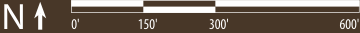 This image represents a scale bar for measurement, showing distances ranging from 0 feet to 600 feet in increments of 150 feet. A north arrow is also included, indicating direction.