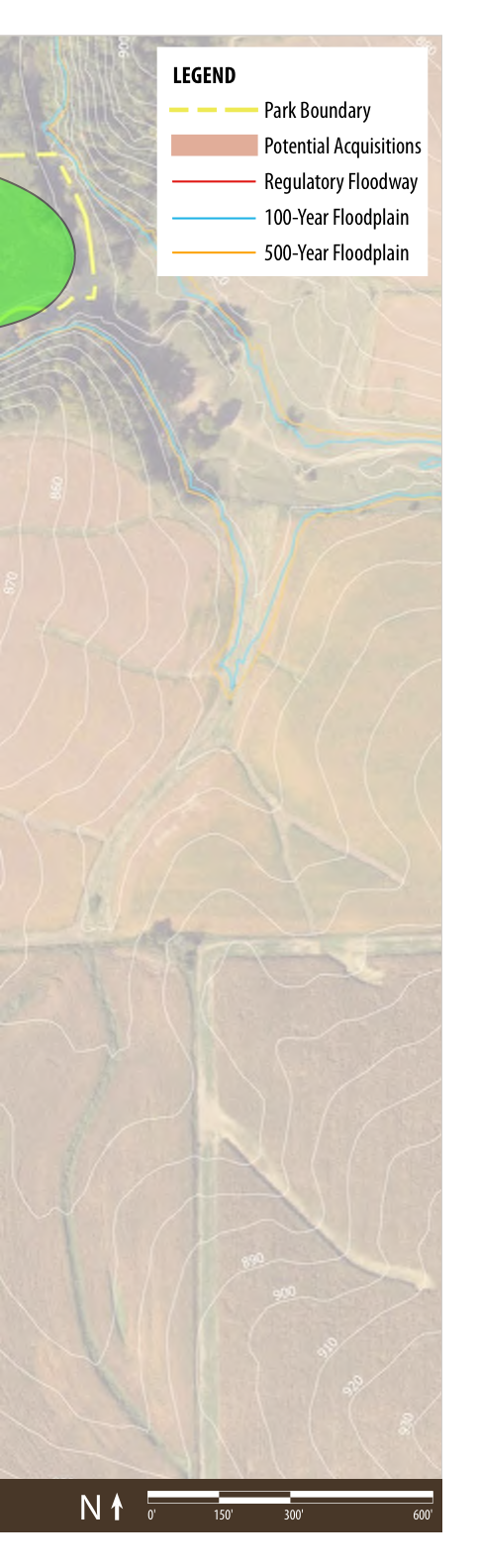 The map outlines the park boundary in green and indicates potential acquisitions with dashed lines. It visually represents the regulatory floodway, as well as the 100-year and 500-year floodplain areas, distinguished by different colored lines. The contour lines indicate varying elevation across the terrain. A North arrow is included for orientation, along with a scale bar at the bottom showing measurement units.