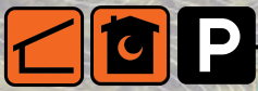 This image features three distinct icons: the first icon depicts a slanted roof often associated with buildings, the second shows a house silhouette with a crescent moon that may indicate lodging or nighttime accommodation, and the third icon represents a parking area, outlined with a bold 'P'. These icons are typically used in signage to convey information about building types, lodging, and parking facilities.