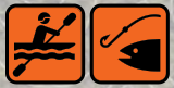 The image features two related icons on an orange background. The left icon shows a person in a kayak paddling on water, symbolizing kayaking activities. The right icon depicts a fishing hook positioned near a fish, indicating fishing activities. These icons are commonly used to represent water sports and activities.