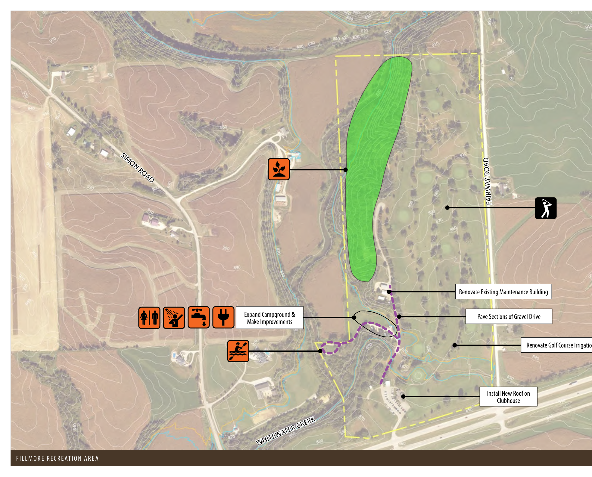 The map details the Fillmore Recreation Area, highlighting areas for campground expansion, renovation of existing buildings, and paving sections of gravel drive. Key features include pathways and landmarks marked with icons and descriptions, showing spatial relationships across the area. The legend includes symbols for restrooms, maintenance buildings, and recreational paths, which are crucial for navigating the site.
