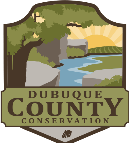 Logo of Dubuque County Conservation featuring natural elements like trees and a river with a sunset background.