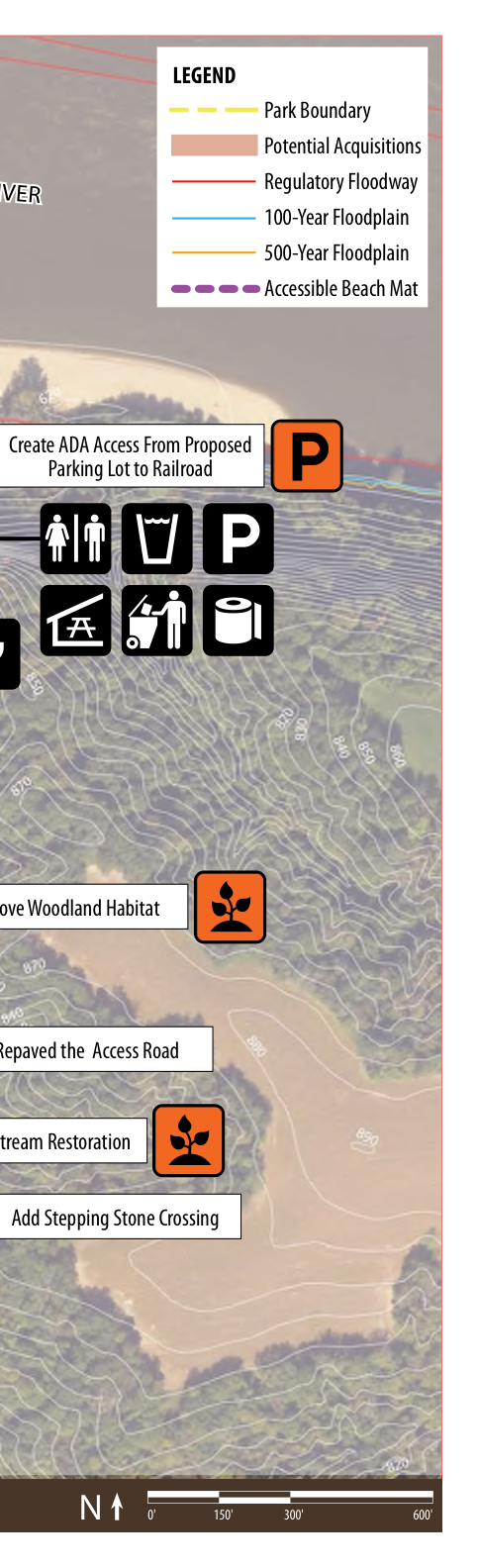 The map illustrates the layout of the park, highlighting areas such as the park boundary, potential acquisitions, and regulatory floodplain zones. Labeling includes features like accessible beach mats, ADA access from the parking lot to the railroad, woodland habitat removal, access road repavement, stream restoration, and a proposed stepping stone crossing. The legend provides symbol meanings for better understanding of the designated areas and proposed work.