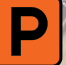Parking symbol in orange background with a black letter 'P'.