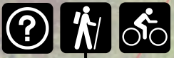 Three symbols indicating outdoor activities: a question mark for information, a hiker with a staff, and a cyclist.
