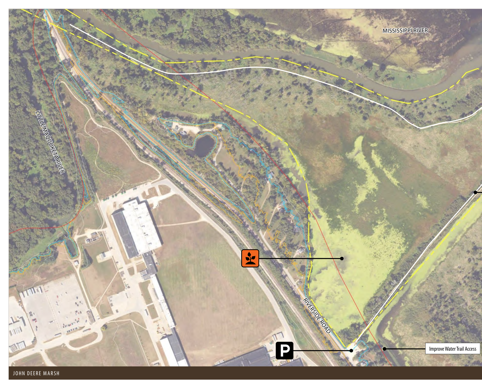 The map illustrates John Deere Marsh, featuring the Little Maquoketa River and Mississippi River. It highlights important elements such as Riverside Road, pedestrian trails, and parking areas. The different colored lines indicate various pathways and routes throughout the marsh, while icons mark specific access points. Their spatial relationships provide a clear understanding of the layout and accessibility within the area.