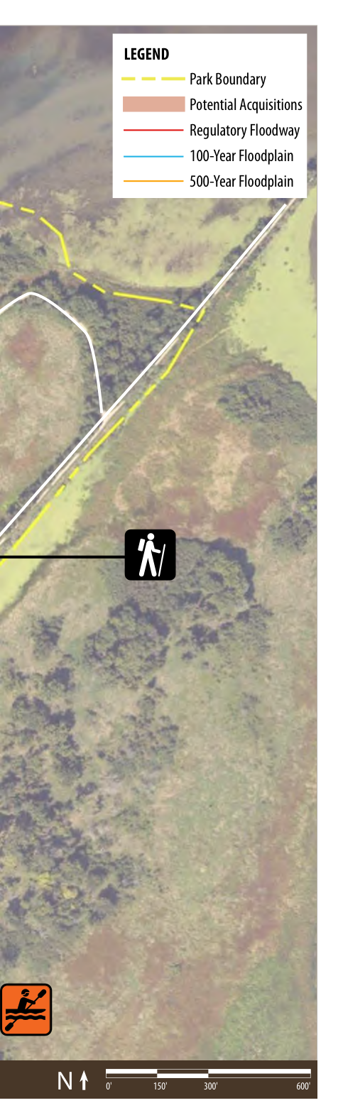The map displays an area with marked park boundaries, including indicators for potential acquisitions, regulatory floodways, and different floodplain zones (100-year and 500-year). The legend provides details on these markings, aiding in understanding the spatial layout and significance of each area.
