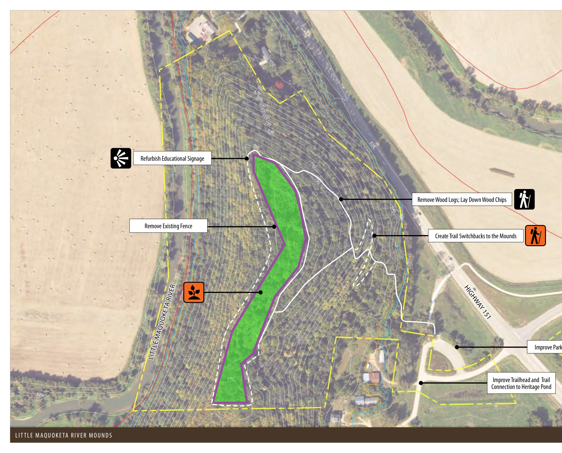 The map illustrates the layout of the Little Maquoketa River Mounds area, highlighting trails and proposed changes. It indicates areas in green where improvements will be made, such as creating trail switchbacks and refurbishing educational signage. Additionally, it marks locations for removing existing fences and wood logs. The map provides spatial context with surrounding features including the river and highways.