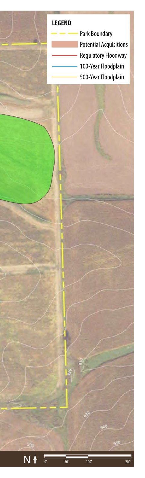The map illustrates a geographic area delineating the park boundary, areas designated for potential acquisitions, and the locations of regulatory floodways along with the 100-year and 500-year floodplain boundaries. The legend clarifies the meaning of each marking, including the color codes for the different floodplain designations. The north directional arrow confirms the orientation of the map, and the scale provides a reference for distance.
